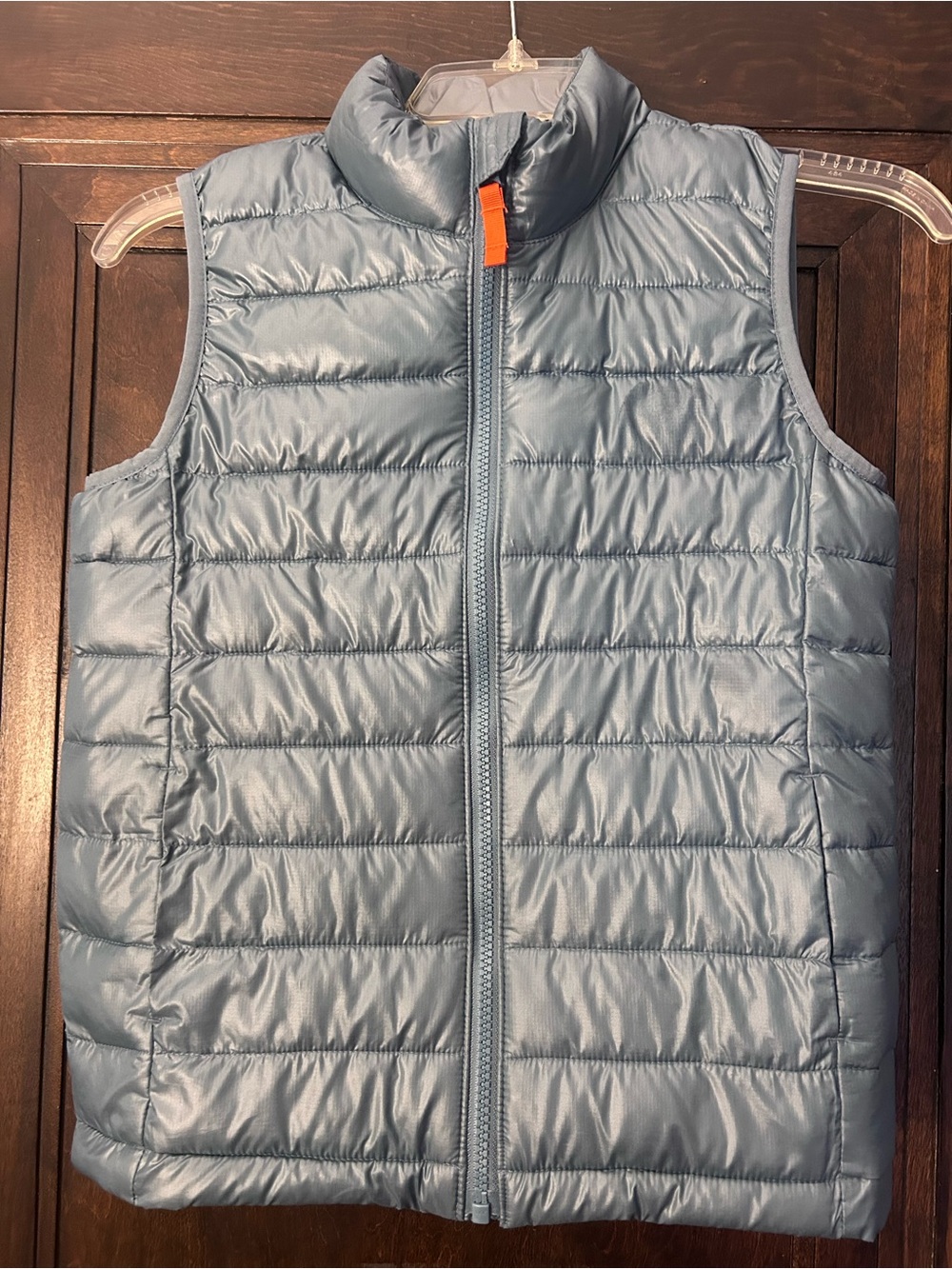 Primary Light Blue Quilted Puffer Vest with Orange Zipper Tab